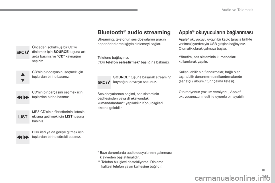Peugeot 3008 Hybrid 4 2017  Kullanım Kılavuzu (in Turkish) 165
.
 Audio ve Telematik 
Transversal-Peugeot_tr_Chap03_RD6_ed01-2016
  Önceden sokulmuş bir CDyi dinlemek için  SOURCE  tuşuna art arda basınız ve " CD " kaynağını seçiniz.  
  CDnin bir