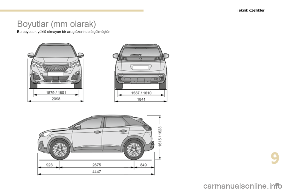 Peugeot 3008 Hybrid 4 2017  Kullanım Kılavuzu (in Turkish) 23
Boyutlar (mm olarak)
Bu boyutlar, yüklü olmayan bir araç üzerinde ölçülmüştür.
9 
T  