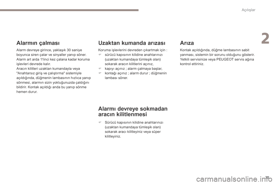 Peugeot 3008 Hybrid 4 2017  Kullanım Kılavuzu (in Turkish) 73
3008-2_tr_Chap02_ouvertures_ed01-2016
Arıza
Kontak açıldığında, düğme lambasının sabit 
yanması, sistemin bir sorunu olduğunu gösterir.
Yetkili servisinize veya PEUGEOT servis ağına 
