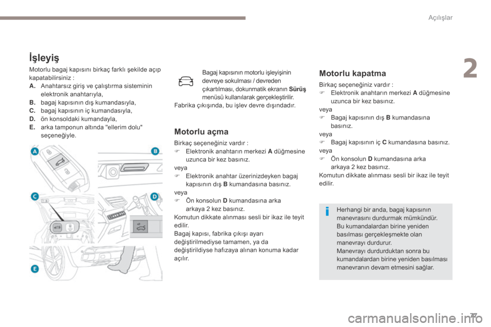 Peugeot 3008 Hybrid 4 2017  Kullanım Kılavuzu (in Turkish) 77
3008-2_tr_Chap02_ouvertures_ed01-2016
İşleyiş
Motorlu bagaj kapısını birkaç farklı şekilde açıp 
kapatabilirsiniz :
A. A

nahtarsız giriş ve çalıştırma sisteminin 
elektronik anaht