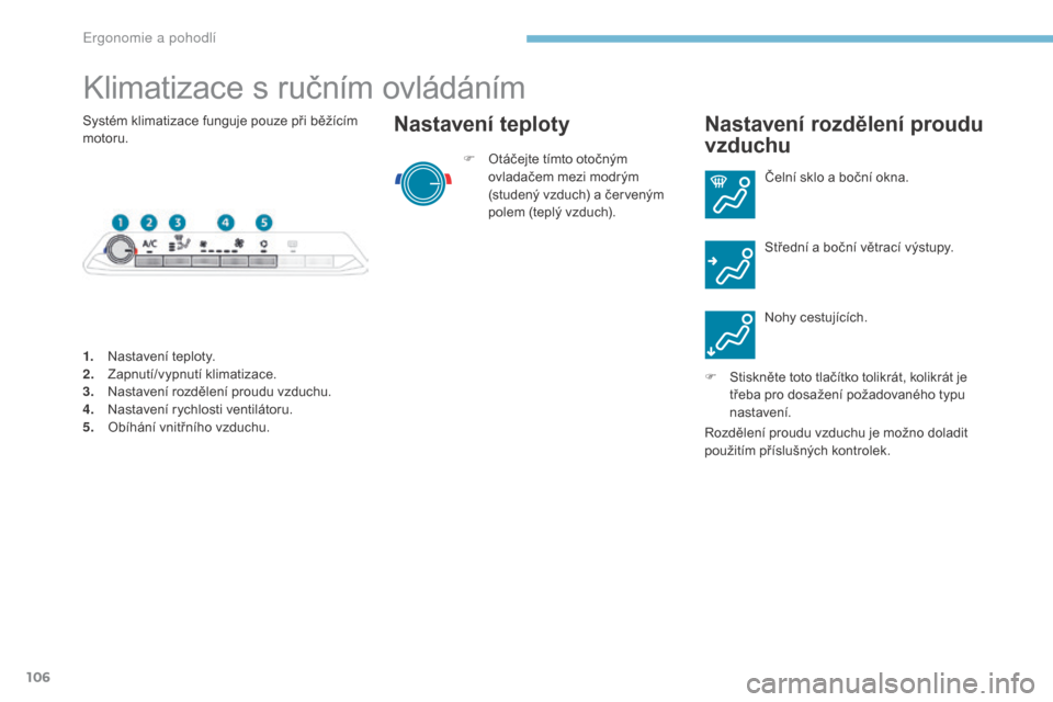 Peugeot 3008 Hybrid 4 2017  Návod k obsluze (in Czech) 106
3008-2_cs_Chap03_ergonomie-et-confort_ed01-2016
Klimatizace s ručním ovládáním
F Otáčejte tímto otočným ovladačem mezi modrým 
(studený vzduch) a
  červeným 
polem (teplý vzduch).
