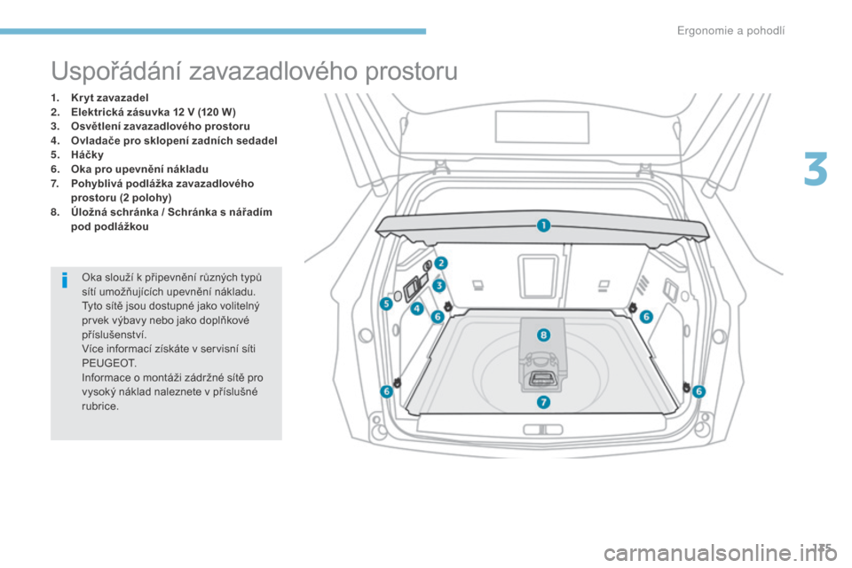 Peugeot 3008 Hybrid 4 2017  Návod k obsluze (in Czech) 135
3008-2_cs_Chap03_ergonomie-et-confort_ed01-2016
Uspořádání zavazadlového prostoru
1. Kr yt zavazadel
2. Elektrická zásuvka 12 V (120 W)
3.
 O

světlení zavazadlového prostoru
4.
 O

vlad