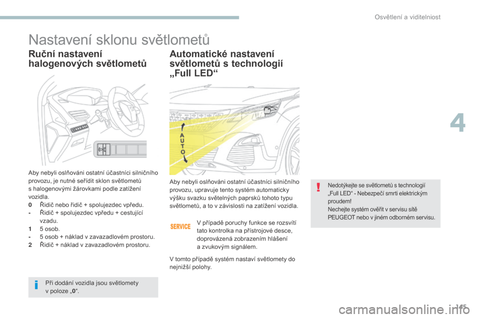 Peugeot 3008 Hybrid 4 2017  Návod k obsluze (in Czech) 145
3008-2_cs_Chap04_eclairage-et-visibilite_ed01-2016
Nastavení sklonu světlometů
Automatické nastavení 
světlometů s technologií 
„Full LED“
Aby nebyli oslňováni ostatní účastníci 