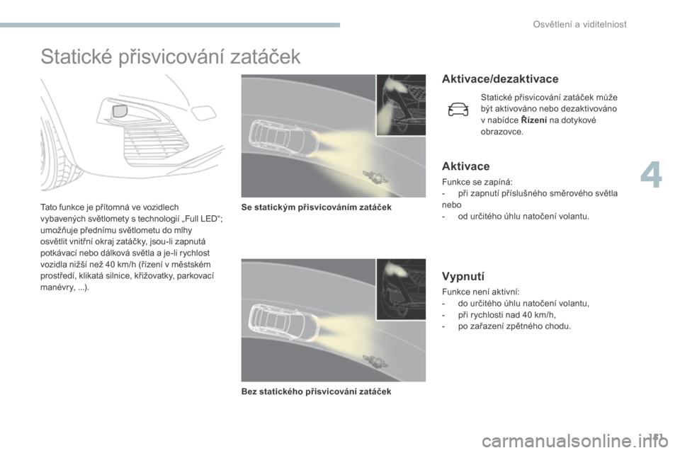 Peugeot 3008 Hybrid 4 2017 Návod k obsluze (in Czech) 151
3008-2_cs_Chap04_eclairage-et-visibilite_ed01-2016
Statické přisvicování zatáček
Tato funkce je přítomná ve vozidlech
vybavených světlomety s technologií „Full LED“;
umožňuje Peugeot 3008 Hybrid 4 2017 Návod k obsluze (in Czech) 151
3008-2_cs_Chap04_eclairage-et-visibilite_ed01-2016
Statické přisvicování zatáček
Tato funkce je přítomná ve vozidlech
vybavených světlomety s technologií „Full LED“;
umožňuje