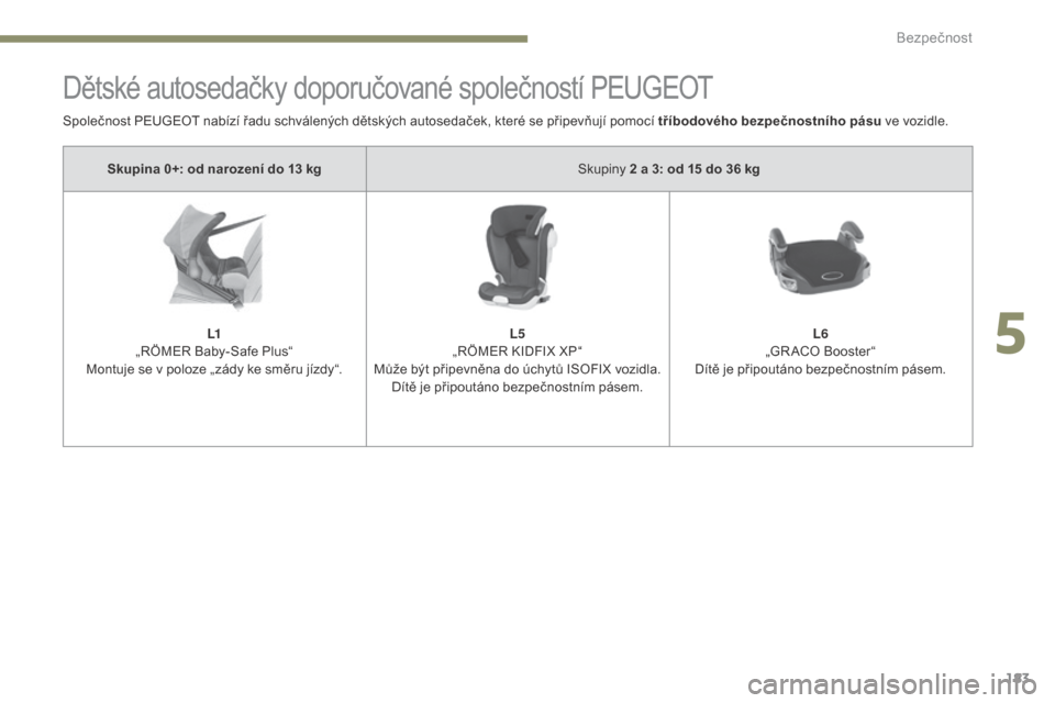Peugeot 3008 Hybrid 4 2017  Návod k obsluze (in Czech) 183
3008-2_cs_Chap05_securite_ed01-2016
Dětské autosedačky doporučované společností PEUGEOT
Skupina 0+: od narození do 13 kgSkupiny 2 a 3: od 15 do 36 kg
L1
„RÖMER Baby-Safe Plus“
Montuje