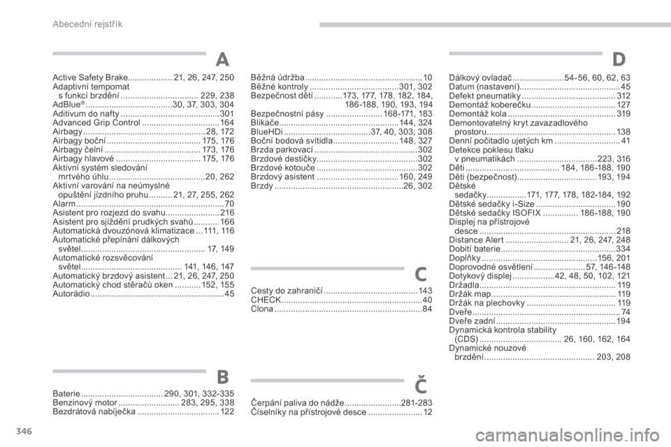 Peugeot 3008 Hybrid 4 2017 Návod k obsluze (in Czech) 346
3008-2_cs_Chap11_index-alpha_ed01-2016
Active Safety Brake................... 21, 26, 247, 250Adaptivní tempomat s funkcí brzdění
...............................
.. 229, 238
AdBlue
® ... Peugeot 3008 Hybrid 4 2017 Návod k obsluze (in Czech) 346
3008-2_cs_Chap11_index-alpha_ed01-2016
Active Safety Brake................... 21, 26, 247, 250Adaptivní tempomat s funkcí brzdění
...............................
.. 229, 238
AdBlue
® ...