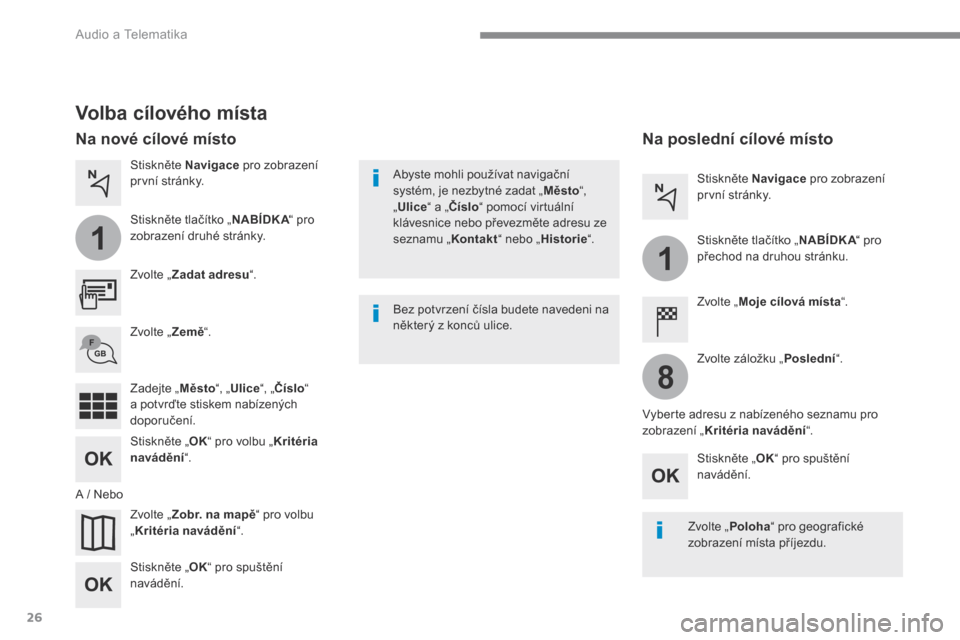 Peugeot 3008 Hybrid 4 2017  Návod k obsluze (in Czech) 26
1
1
8
 Audio a Telematika 
Transversal-Peugeot_cs_Chap01_NAC-2-2-0_ed01-2016
  Volba cílového místa 
  Z v o l t e   „  Zadat adresu “ .   
  Z v o l t e   „  Zobr. na mapě “ pro volbu 