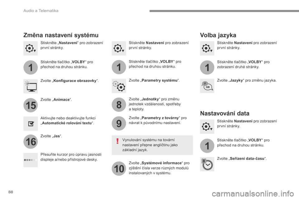 Peugeot 3008 Hybrid 4 2017  Návod k obsluze (in Czech) 88
111
8
9
10
15
161
 Audio a Telematika 
Transversal-Peugeot_cs_Chap01_NAC-2-2-0_ed01-2016
  S t i s k n ě t e    Nastavení  pro zobrazení první  stránky.    S t i s k n ě t e    Nastavení  pr