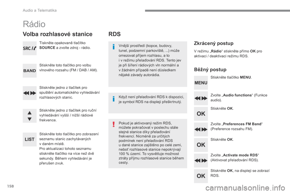 Peugeot 3008 Hybrid 4 2017  Návod k obsluze (in Czech) 158
 Audio a Telematika 
RDS 
  Zkrácený postup  
  B ě ž n ý   p o s t u p   
  Vnější prostředí (kopce, budovy, tunel, podzemní parkoviště, ...) může omezovat příjem rozhlasu, a to 