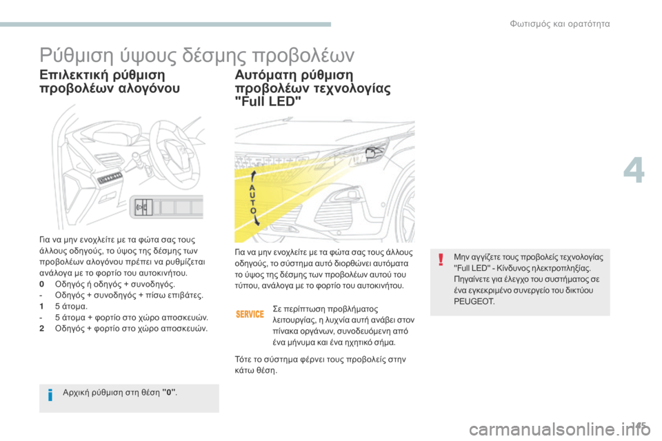 Peugeot 3008 Hybrid 4 2017 Εγχειρίδιο χρήσης (in Greek) 145
3008-2_el_Chap04_eclairage-et-visibilite_ed01-2016
Ρύθμιση ύψους δέσμης προβολέων
Αυτόματη ρύθμιση
προβολέων τεχνολογίας
"Full LED"
Peugeot 3008 Hybrid 4 2017 Εγχειρίδιο χρήσης (in Greek) 145
3008-2_el_Chap04_eclairage-et-visibilite_ed01-2016
Ρύθμιση ύψους δέσμης προβολέων
Αυτόματη ρύθμιση
προβολέων τεχνολογίας
"Full LED"