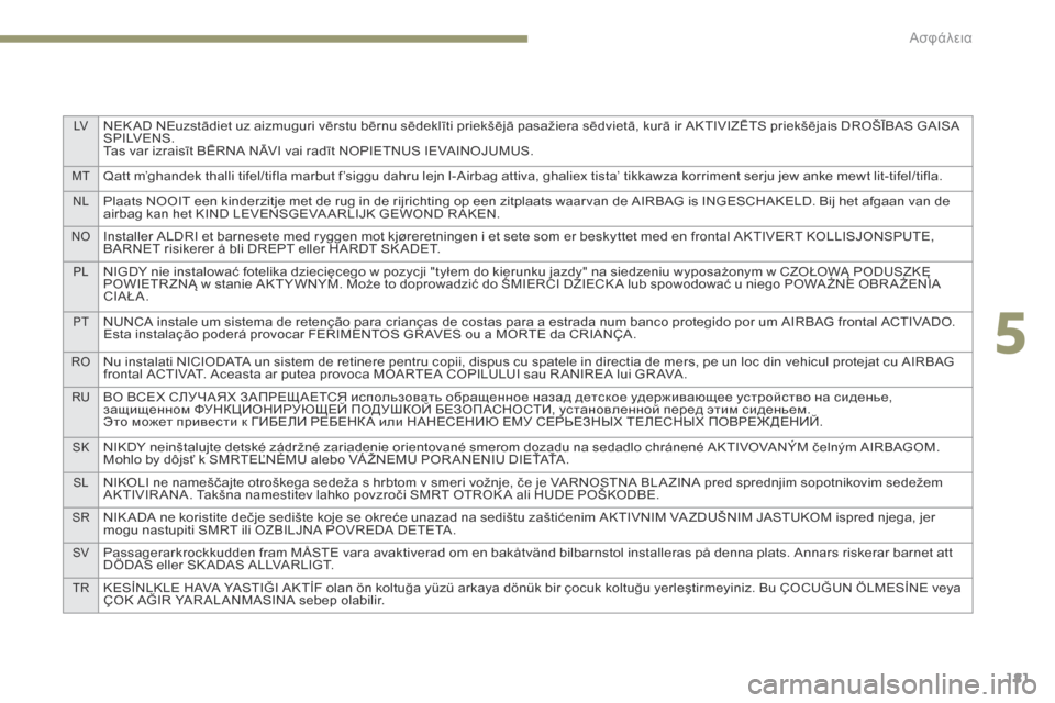 Peugeot 3008 Hybrid 4 2017  Εγχειρίδιο χρήσης (in Greek) LVNEK AD NEuzstādiet uz aizmuguri vērstu bērnu sēdeklīti priekšējā pasažiera sēdvietā, kurā ir AKTIVIZĒTS priekšējais DROŠĪBAS GAISA 
S P I LV E N S .
Tas var izraisīt BĒRNA NĀVI v