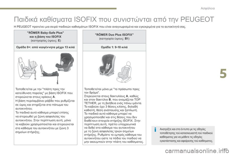 Peugeot 3008 Hybrid 4 2017  Εγχειρίδιο χρήσης (in Greek) 187
3008-2_el_Chap05_securite_ed01-2016
Παιδικά καθίσματα ISOFIX που συνιστώνται από την PEUGEOT
Η PEUGEOT προτείνει μια σειρά παιδικών κ
