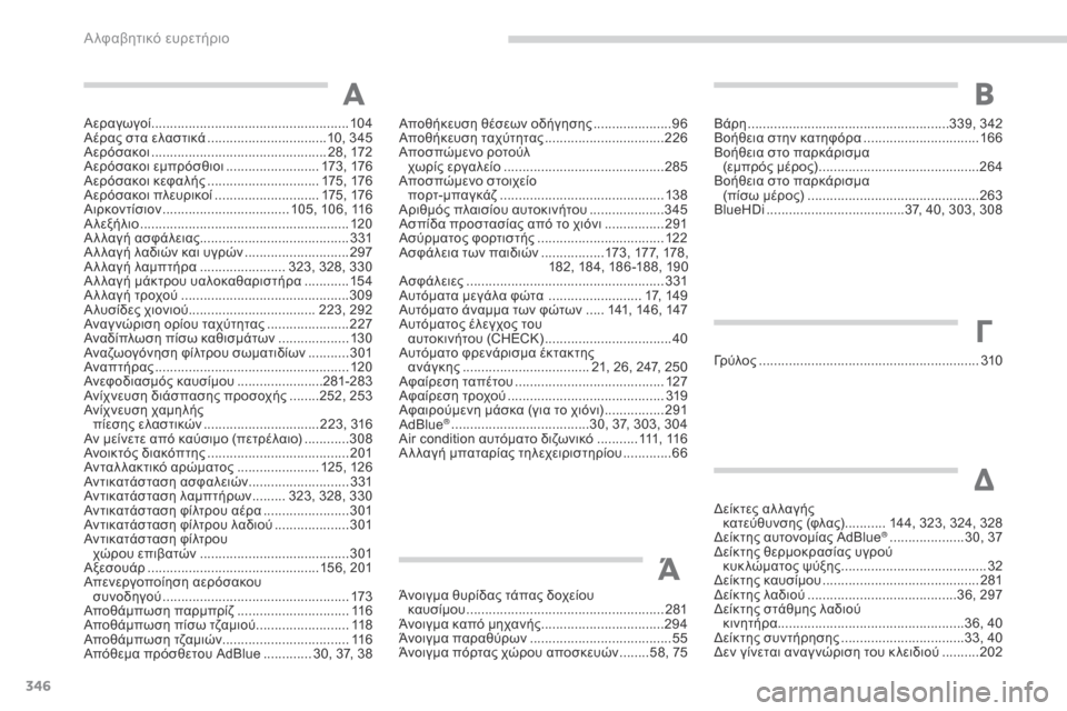 Peugeot 3008 Hybrid 4 2017  Εγχειρίδιο χρήσης (in Greek) 346
3008-2_el_Chap11_index-alpha_ed01-2016
Αεραγωγοί .....................................................104
Αέρας στα ελαστικά  ................................10, 
345
Αε