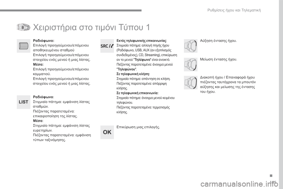 Peugeot 3008 Hybrid 4 2017  Εγχειρίδιο χρήσης (in Greek) 155
.
 Ρυθμίσεις ήχου και Τηλεματική 
Transversal-Peugeot_el_Chap03_RD6_ed01-2016
 Χειριστήρια στο τιμόνι Tύπου 1 
Ραδιόφωνο :   Στιγμι