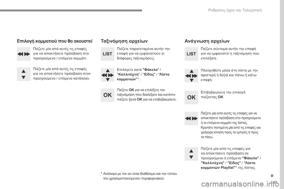 Peugeot 3008 Hybrid 4 2017  Εγχειρίδιο χρήσης (in Greek) 163
.
 Ρυθμίσεις ήχου και Τηλεματική 
Transversal-Peugeot_el_Chap03_RD6_ed01-2016
  Επιλογή κομματιού που θα ακουστεί     Τ α ξ ι ν ό μ η