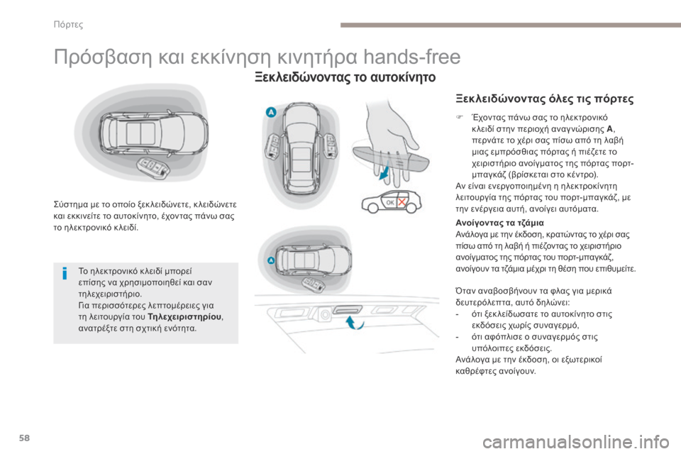 Peugeot 3008 Hybrid 4 2017  Εγχειρίδιο χρήσης (in Greek) 58
3008-2_el_Chap02_ouvertures_ed01-2016
Πρόσβαση και εκκίνηση κινητήρα hands-free
Σύστημα με το οποίο ξεκ λειδώνετε, κ λειδώνετε 
κα