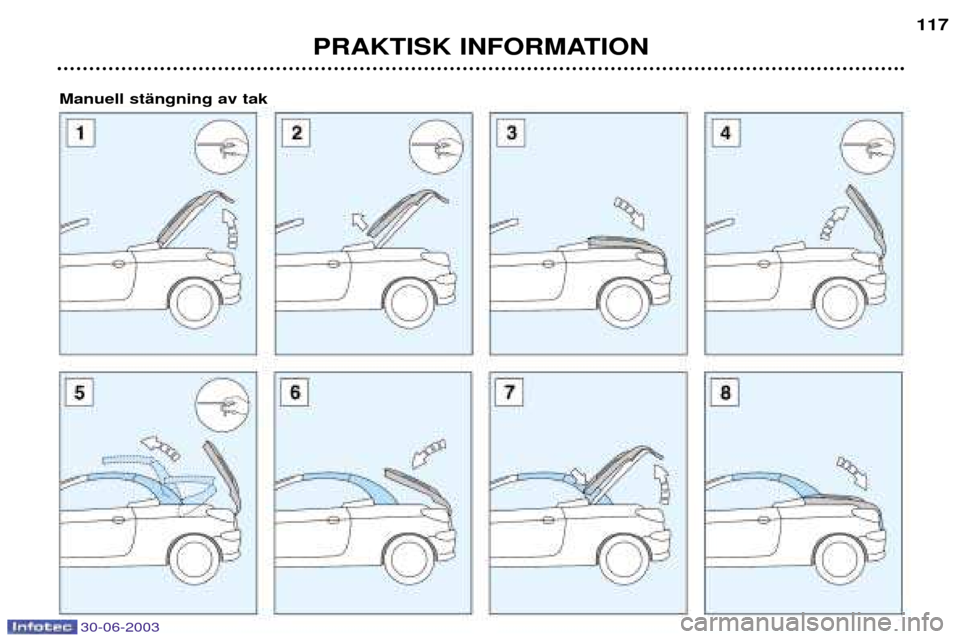 Peugeot 206 CC 2003  Ägarmanual (in Swedish) PRAKTISK INFORMATION117
Manuell stŠngning av tak
30-06-2003  