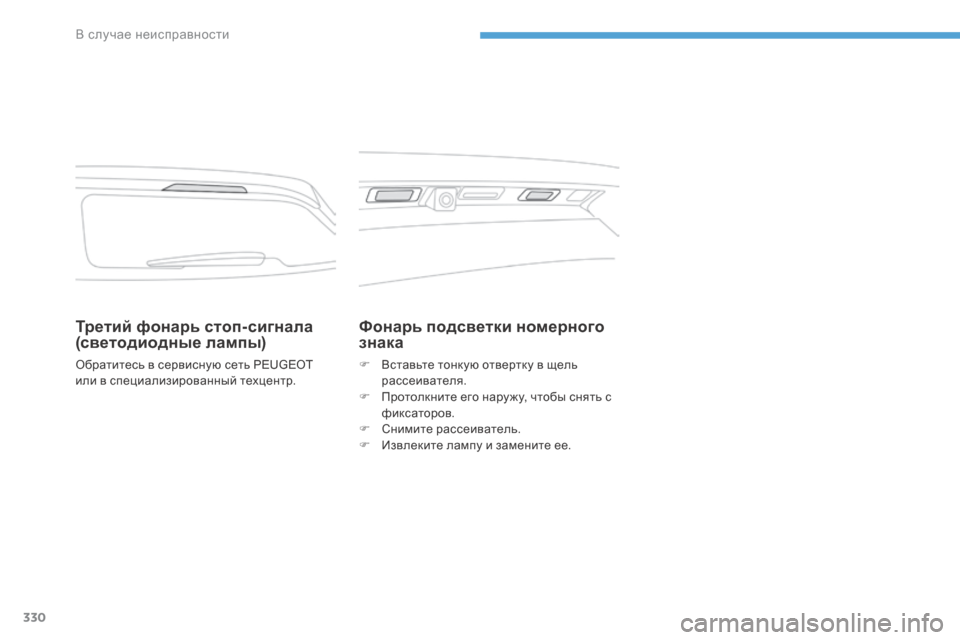 Peugeot 3008 Hybrid 4 2017 Инструкция по эксплуатации (in Russian) 330
3008-2_ru_Chap08_en cas-de-panne_ed01-2016
Третий фонарь стоп- сигнала
(светодиодные лампы)
Обратитесь в сервисную сеть PEUGEOT
и Peugeot 3008 Hybrid 4 2017 Инструкция по эксплуатации (in Russian) 330
3008-2_ru_Chap08_en cas-de-panne_ed01-2016
Третий фонарь стоп- сигнала
(светодиодные лампы)
Обратитесь в сервисную сеть PEUGEOT
и