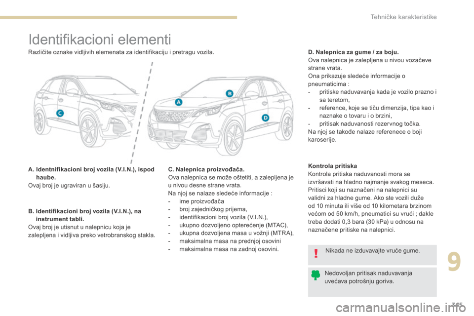 Peugeot 3008 Hybrid 4 2017 Упутство за употребу (in Serbian) 345
3008-2_sr_Chap09_caracteristiques_ed01-2016
Identifikacioni elementi
A. Identnifikacioni broj vozila (V.I.N.), ispod
haube.
ova
j broj je ugraviran u šasiju. D. Nalepnica za gume / za boju.
ov Peugeot 3008 Hybrid 4 2017 Упутство за употребу (in Serbian) 345
3008-2_sr_Chap09_caracteristiques_ed01-2016
Identifikacioni elementi
A. Identnifikacioni broj vozila (V.I.N.), ispod
haube.
ova
j broj je ugraviran u šasiju. D. Nalepnica za gume / za boju.
ov