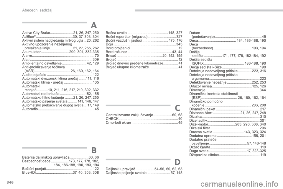 Peugeot 3008 Hybrid 4 2017  Упутство за употребу (in Serbian) 346
3008-2_sr_Chap11_index-alpha_ed01-2016
Active City Brake ....................... 21, 26, 247, 250
AdBlue® ..................................... 30, 37, 303, 304Aktivni sistem nadgledanja mrtvog u