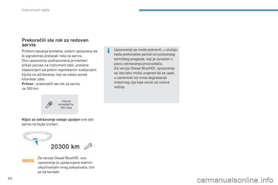 Peugeot 3008 Hybrid 4 2017  Упутство за употребу (in Serbian) 34
3008-2_sr_Chap01_instruments-de-bord_ed01-2016
Prekoračili ste rok za redovan 
servis
Prilikom davanja kontakta, sistem upozorava da 
bi signalizirao prelazak roka za servis.
ovo u
pozorenje podra