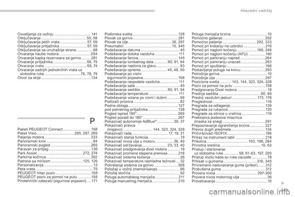 Peugeot 3008 Hybrid 4 2017  Упутство за употребу (in Serbian) 349
3008-2_sr_Chap11_index-alpha_ed01-2016
osvetljenje za vožnju ....................................141otk
ljučavanje ............................................ 55, 58
otk

ljučavanje petih vrat
