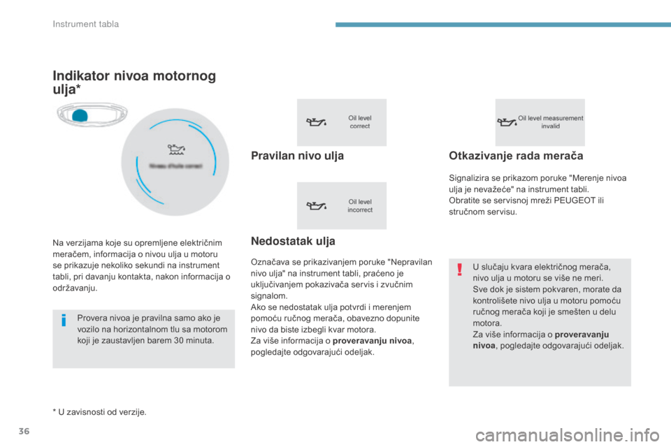 Peugeot 3008 Hybrid 4 2017  Упутство за употребу (in Serbian) 36
3008-2_sr_Chap01_instruments-de-bord_ed01-2016
Indikator nivoa motornog 
ulja*
Pravilan nivo ulja
označava se prikazivanjem poruke "Nepravilan 
n ivo ulja" na instrument tabli, praćeno je 
uklju�
