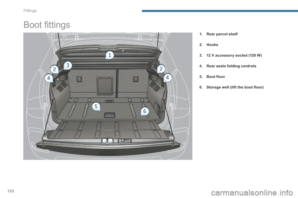 Peugeot 3008 Hybrid 4 2014  Owners Manual Fittings
132
                  Boot ﬁ ttings 
1.    Rear parcel shelf
2.    Hooks
3.    12 V accessor y socket (120 W)
4.    Rear seats folding controls
5.    Boot    floor
6.    Storage well (lift 