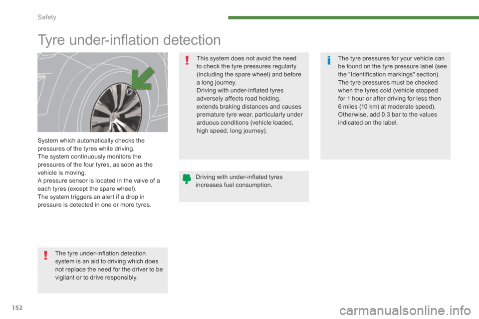 Peugeot 3008 Hybrid 4 2014  Owners Manual Safety
152
         Tyre under-inﬂ ation detection  
  System which automatically checks the pressures of the tyres while driving.  The system continuously monitors the pressures of the four tyres, 