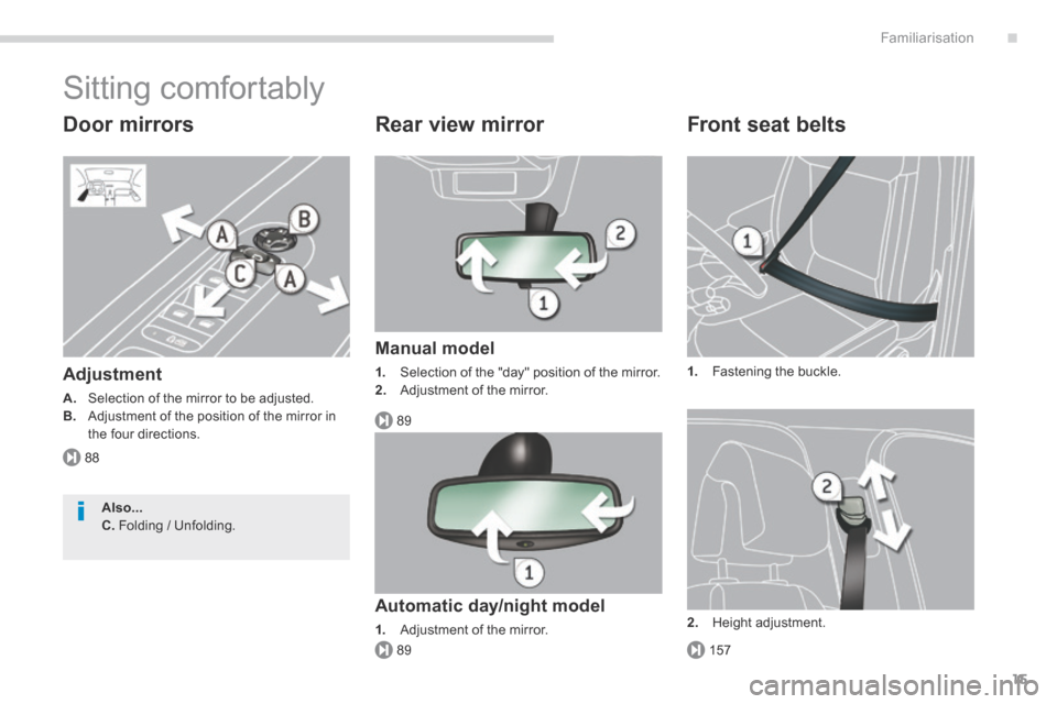 Peugeot 3008 Hybrid 4 2014 User Guide .
88
89
15789
Familiarisation15
 Sitting  comfortably 
  Door  mirrors 
  Adjustment 
A.   Selection of the mirror to be adjusted. B.   Adjustment of the position of the mirror in the four directions.