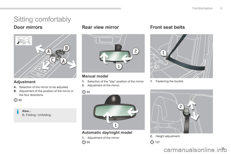 Peugeot 3008 Hybrid 4 2014  Owners Manual .
88
89
15789
Familiarisation15
 Sitting  comfortably 
  Door  mirrors 
  Adjustment 
A.   Selection of the mirror to be adjusted. B.   Adjustment of the position of the mirror in the four directions.