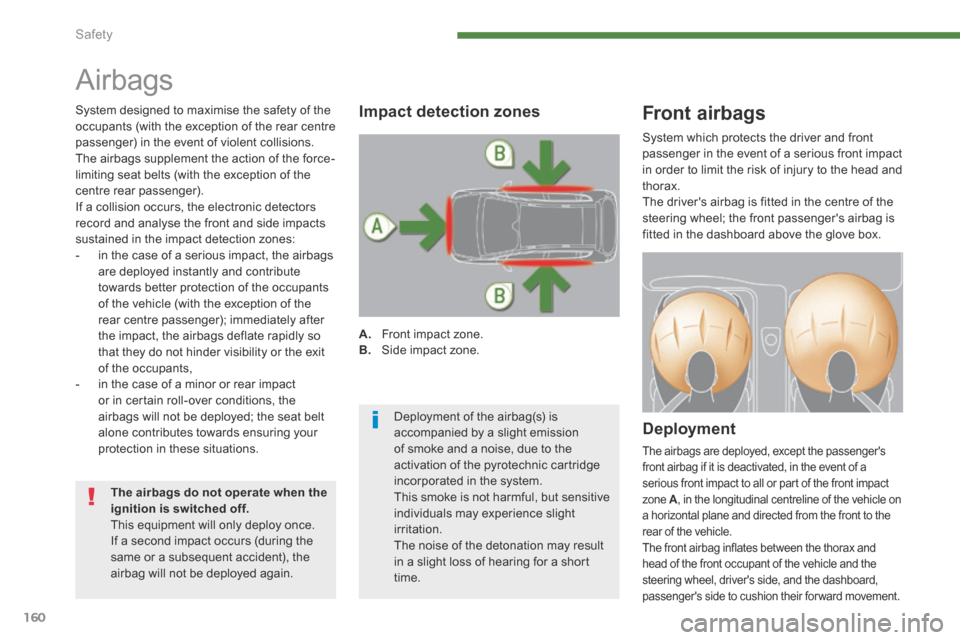Peugeot 3008 Hybrid 4 2014  Owners Manual Safety
160
 Airbags 
Front airbags 
  Deployment 
The airbags are deployed, except the passengers front airbag if it is deactivated, in the event of a serious front impact to all or part of the front