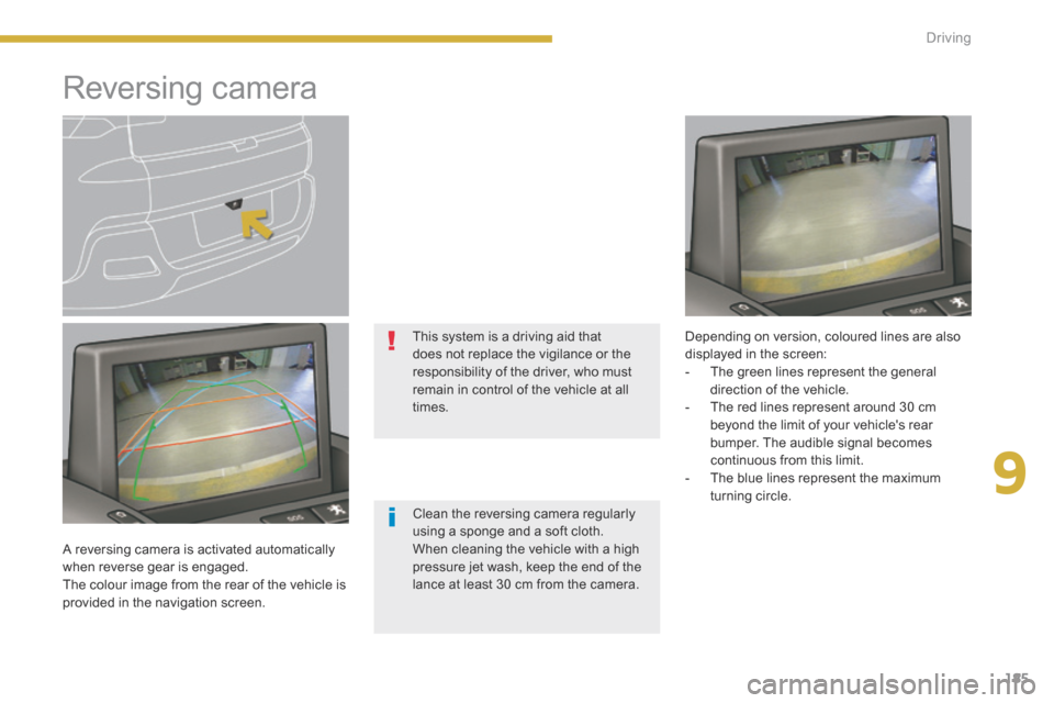 Peugeot 3008 Hybrid 4 2014  Owners Manual 9
185
Driving
         Reversing  camera  
  Clean the reversing camera regularly using a sponge and a soft cloth.  When cleaning the vehicle with a high pressure jet wash, keep the end of the lance a