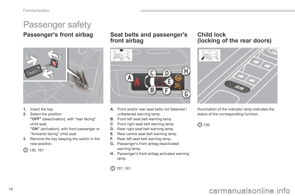 Peugeot 3008 Hybrid 4 2014 User Guide 139, 161
157, 161
150
Familiarisation
18
 Passenger  safety 
  Passengers  front  airbag 
1.   Insert the key. 2.   Select  the  position:    "OFF"  (deactivation), with "rear facing" child  seat,   