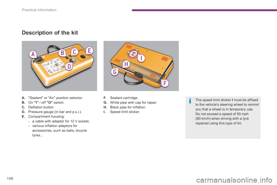 Peugeot 3008 Hybrid 4 2014  Owners Manual Practical information
198
A.   "Sealant" or "Air" position selector. B.   On   "I"  / off  "O"   switch. C.   Deflation  button. D.   Pressure gauge (in bar and p.s.i.). E.   Compartment  housing:    