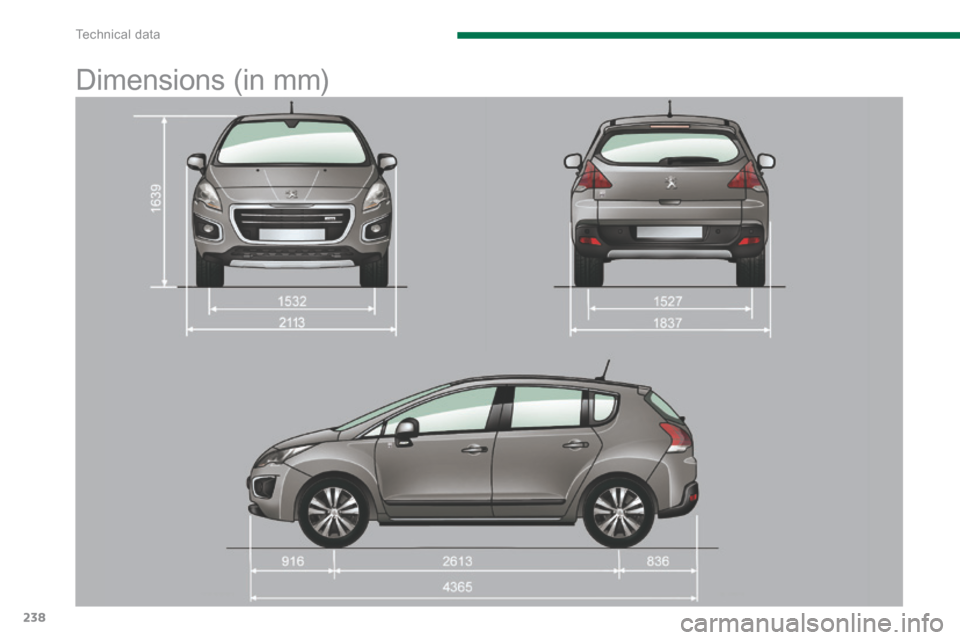 Peugeot 3008 Hybrid 4 2014 Owners Manual Technical data
238
Dimensions (in mm) Peugeot 3008 Hybrid 4 2014 Owners Manual Technical data
238
Dimensions (in mm)