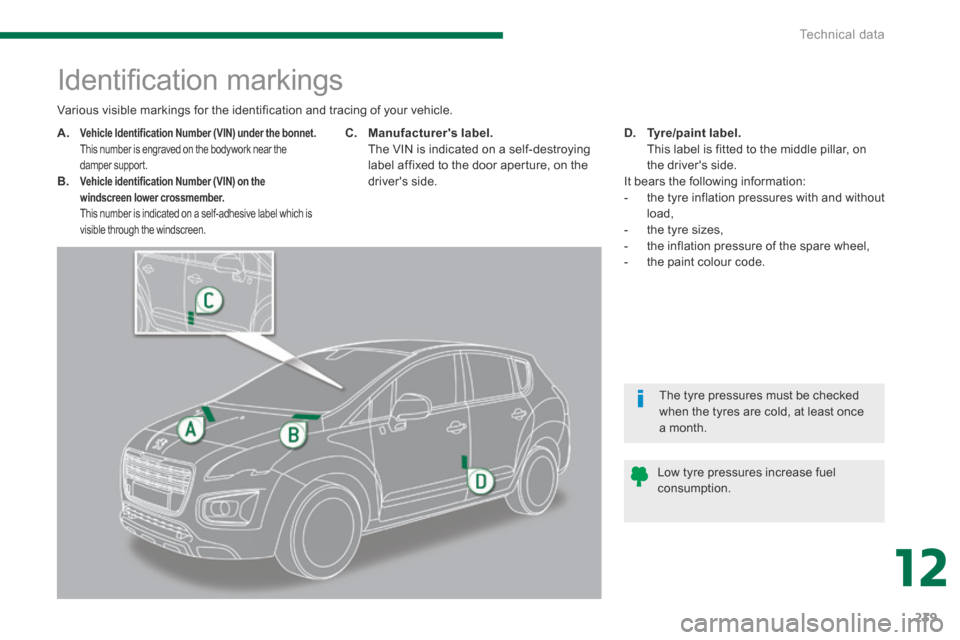 Peugeot 3008 Hybrid 4 2014 Owners Manual 12
Technical data239
Identifi cation markings
A.Vehicle Identification Number (VIN) under the bonnet. This number is engraved on the bodywork near the damper support. B Peugeot 3008 Hybrid 4 2014 Owners Manual 12
Technical data239
Identifi cation markings
A.Vehicle Identification Number (VIN) under the bonnet. This number is engraved on the bodywork near the damper support. B