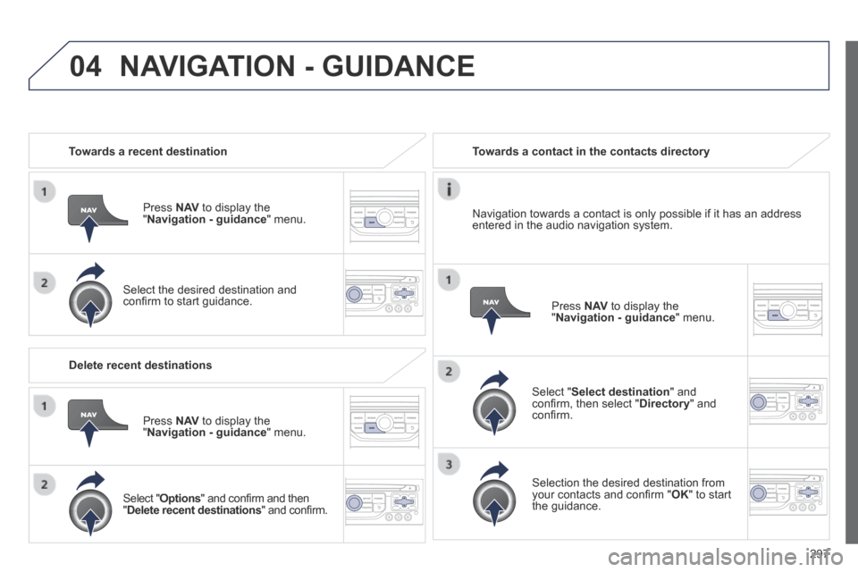 Peugeot 3008 Hybrid 4 2014  Owners Manual 04
297
   Towards  a  recent  destination  
  Press   N AV  to display the " Navigation - guidance "  menu.  
  Select the desired destination and conﬁ rm to start guidance.   
   Towards a contact 