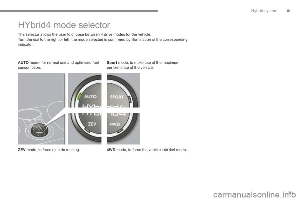 Peugeot 3008 Hybrid 4 2014  Owners Manual .Hybrid system29
         HYbrid4 mode selector  
  The selector allows the user to choose between 4 drive modes for the vehicle.  Turn the dial to the right or left; the mode selected is confirmed by