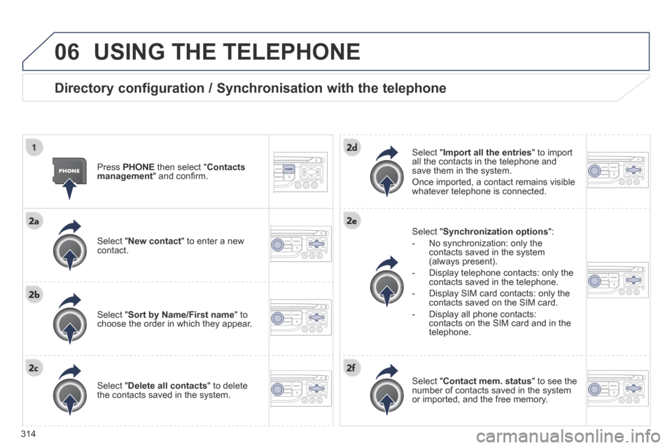 Peugeot 3008 Hybrid 4 2014  Owners Manual 06
314
 USING THE TELEPHONE 
  Directory configuration / Synchronisation with the telephone 
  Press   PHONE  then select " Contacts management " and conﬁ rm.  
  Select  " New contact " to enter a 
