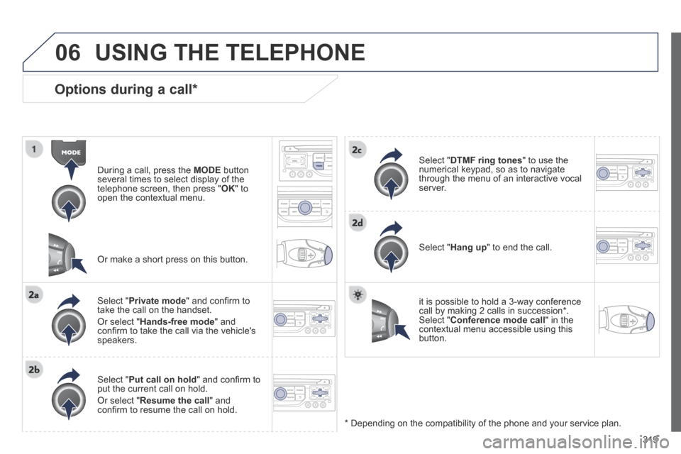 Peugeot 3008 Hybrid 4 2014  Owners Manual 06
319
  Options  during  a  call *  
  During a call, press the  MODE   button several times to select display of the telephone screen, then press " OK "  to open the contextual menu.  
  Select  " P