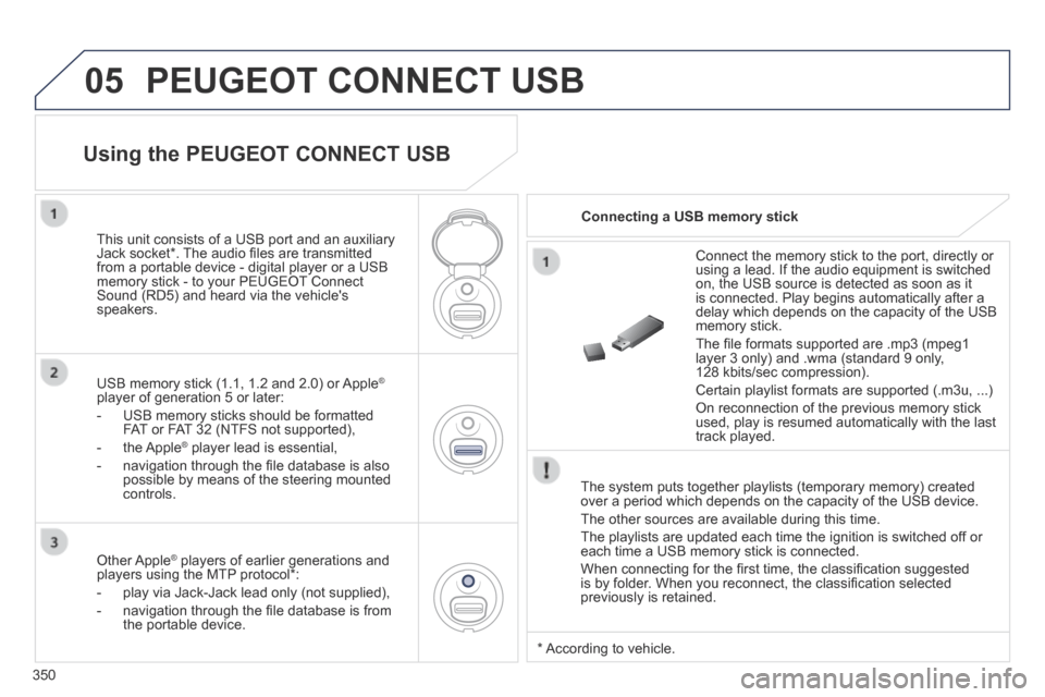 Peugeot 3008 Hybrid 4 2014  Owners Manual 05
350
 PEUGEOT CONNECT USB 
  The system puts together playlists (temporary memory) created over a period which depends on the capacity of the USB device. 
 The other sources are available during thi