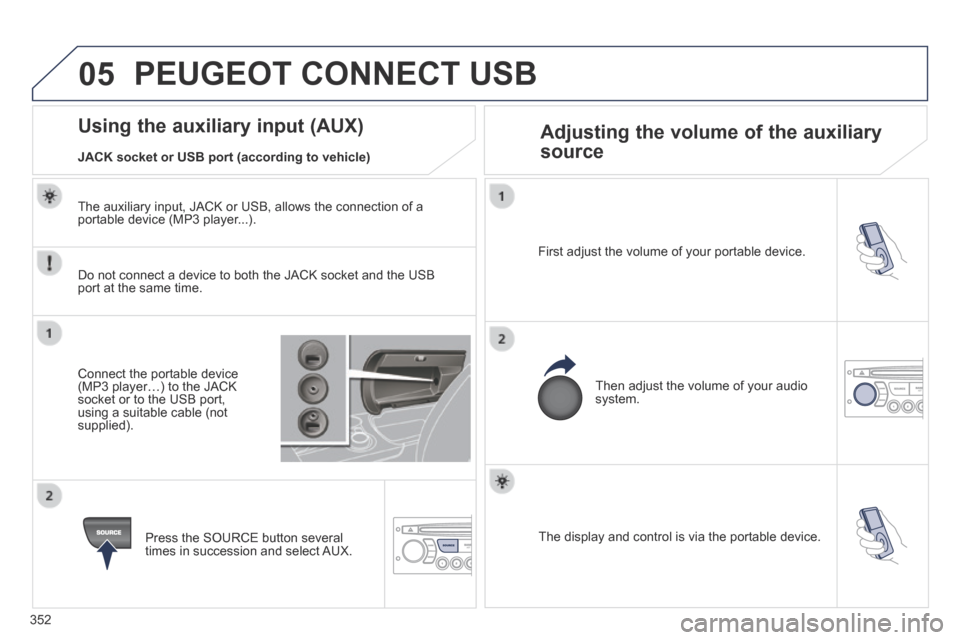 Peugeot 3008 Hybrid 4 2014  Owners Manual 05
352
  The display and control is via the portable device.   
  First adjust the volume of your portable device.  
  Then adjust the volume of your audio system.  
                   Using the auxil