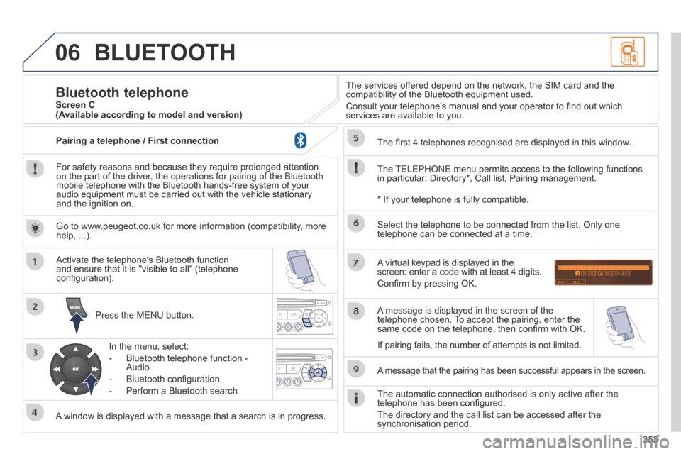 Peugeot 3008 Hybrid 4 2014  Owners Manual 06
353
 BLUETOOTH 
  For safety reasons and because they require prolonged attention on the part of the driver, the operations for pairing of the Bluetooth mobile telephone with the Bluetooth hands-fr