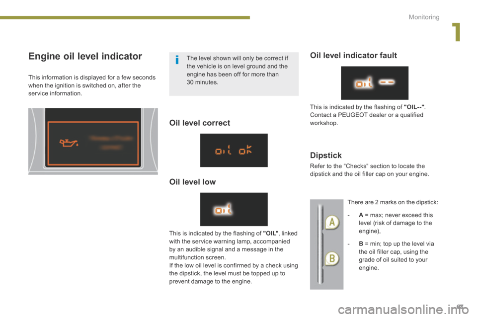 Peugeot 3008 Hybrid 4 2014  Owners Manual 1
Monitoring63
Engine oil level indicator 
  This information is displayed for a few seconds when the ignition is switched on, after the service  information.  
  Oil  level  correct  
  Oil  level  l