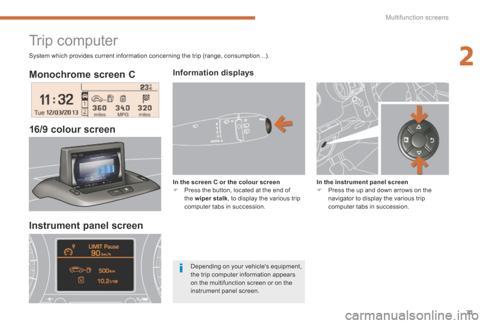 Peugeot 3008 Hybrid 4 2014 Manual PDF 2
Multifunction screens71
Monochrome screen C
16/9 colour screen
Trip computer
Information displays
In the screen C or the colour screen Press the button, located at Peugeot 3008 Hybrid 4 2014 Manual PDF 2
Multifunction screens71
Monochrome screen C
16/9 colour screen
Trip computer
Information displays
In the screen C or the colour screen Press the button, located at