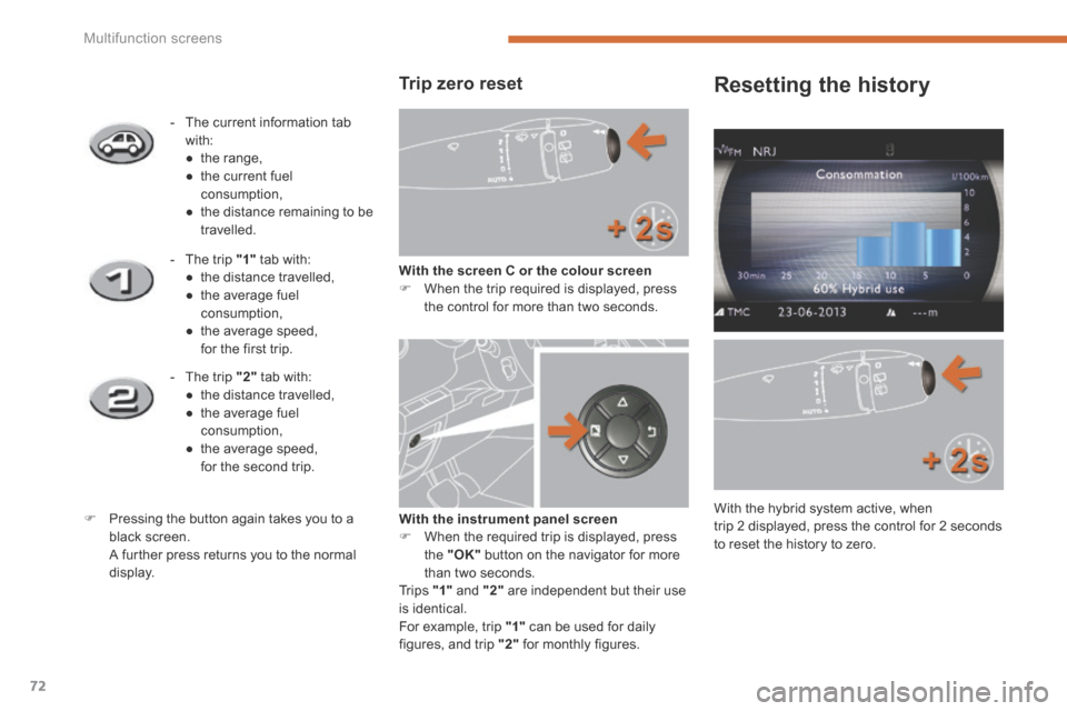 Peugeot 3008 Hybrid 4 2014  Owners Manual Multifunction screens
72
  Trip  zero  reset 
With the screen C or the colour screen   When the trip required is displayed, press the control for more than two seconds.  
    -   The  current  info