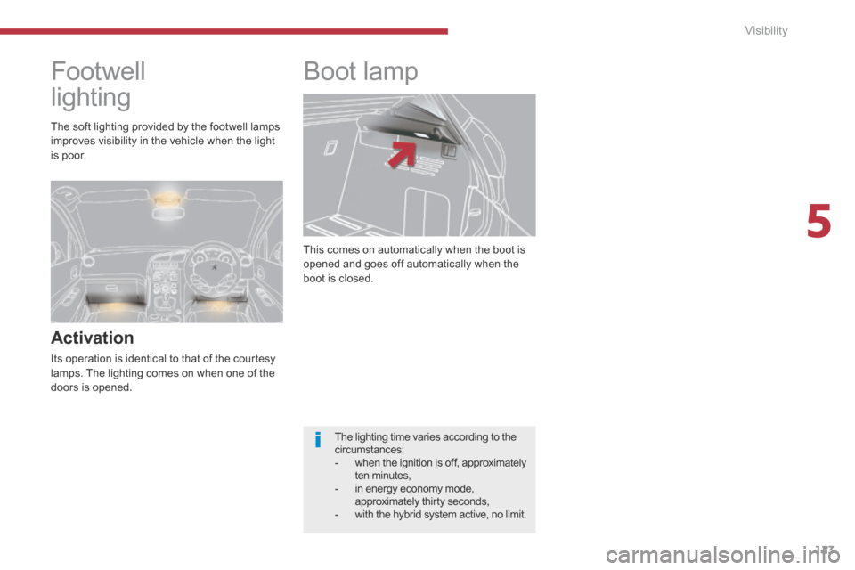 Peugeot 3008 Hybrid 4 2014  Owners Manual - RHD (UK. Australia) 5
Visibility123
 This comes on automatically when the boot is opened and goes off automatically when the boot is closed. 
     Boot  lamp 
      
Footwell 
lighting 
  Activation 
 Its operation is id