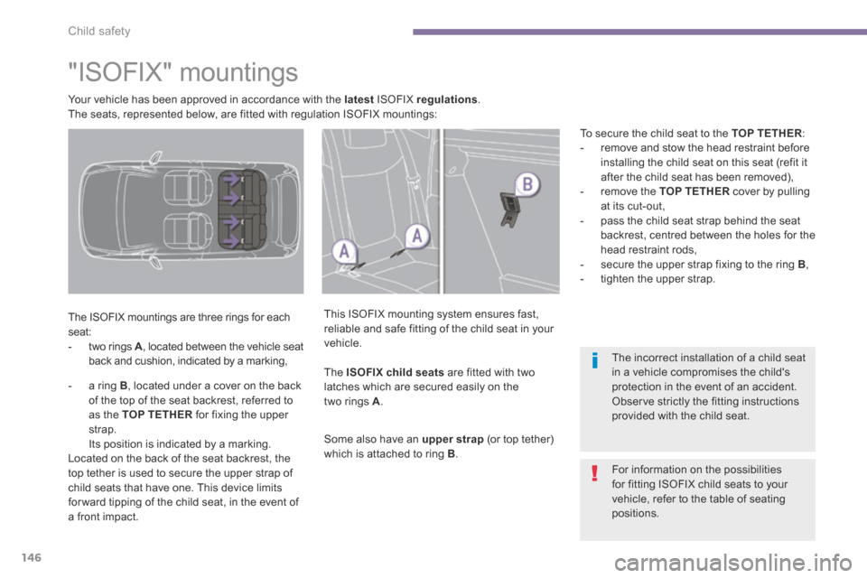 Peugeot 3008 Hybrid 4 2014  Owners Manual - RHD (UK. Australia) Child safety
146
            "ISOFIX"  mountings  
  The ISOFIX mountings are three rings for each seat:    -   two  rings   A , located between the vehicle seat back and cushion, indicated by a marki