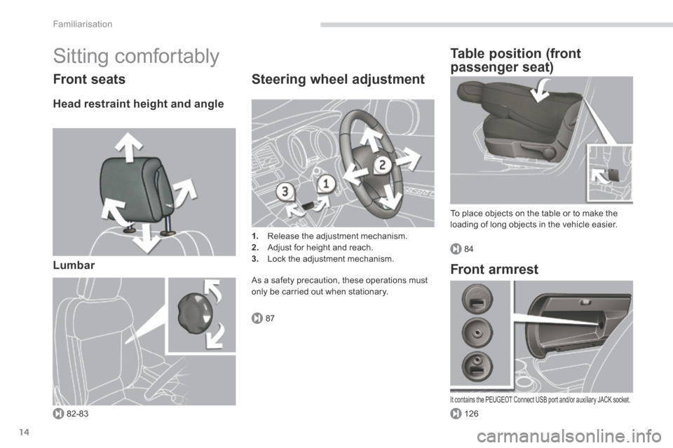 Peugeot 3008 Hybrid 4 2014 - RHD (UK. Australia) User Guide 82-83
87
126
84
Familiarisation
14
Sitting comfortably
Front seats
Head restraint height and angle
Lumbar
Steering wheel adjustment
1. Release the adjustment mechanism. 2. Adj Peugeot 3008 Hybrid 4 2014 - RHD (UK. Australia) User Guide 82-83
87
126
84
Familiarisation
14
Sitting comfortably
Front seats
Head restraint height and angle
Lumbar
Steering wheel adjustment
1. Release the adjustment mechanism. 2. Adj